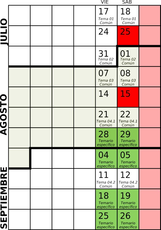 Calendario de clases para Julio-Agosto-Septiembre